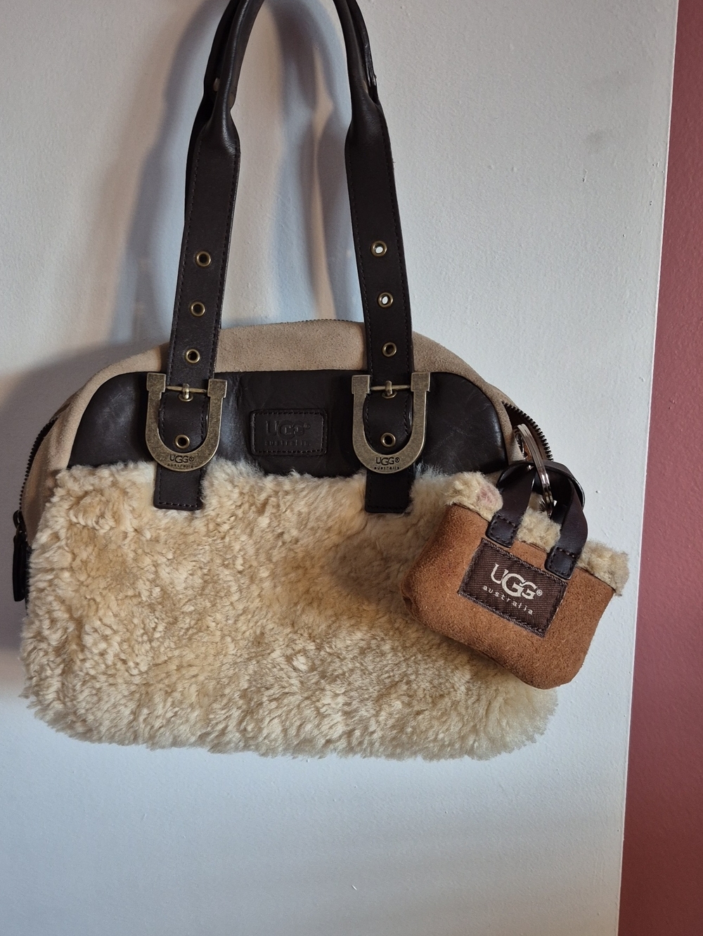 UGG Shearling Shoulder Bag in Cream and Brown with Mini Pouch